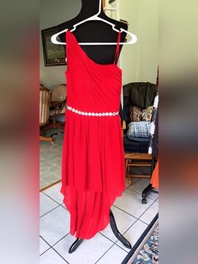 Red Asymmetric One-Shoulder Dress with Embellished Waist